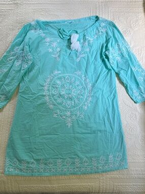 Embroidered Debbie Katz Teal Tunic Top with Tassel Tie